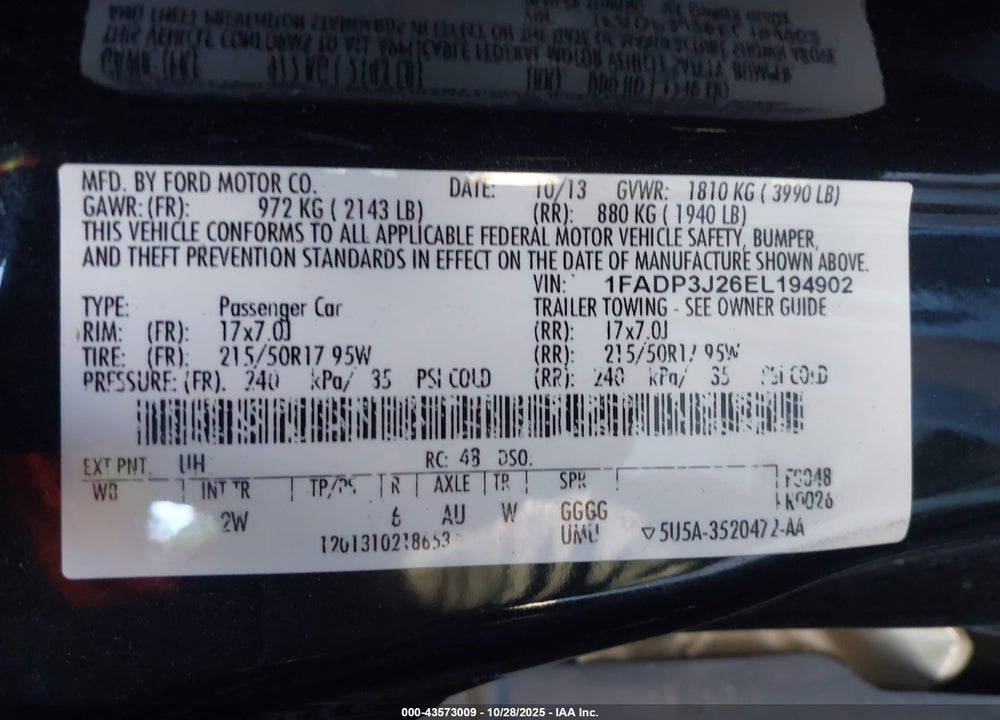 2014 FORD FOCUS VIN: 1FADP3J26EL194902