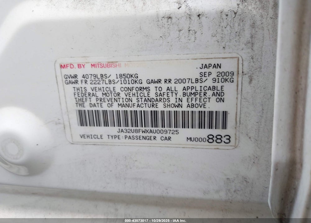 2010 MITSUBISHI LANCER GTS VIN: JA32U8FWXAU009725