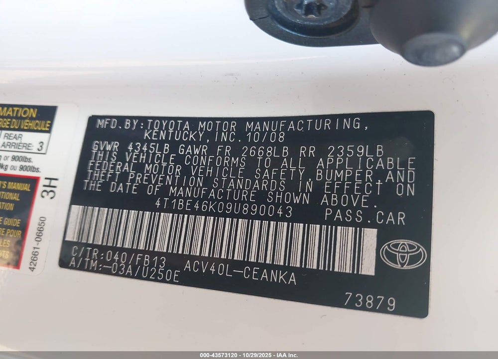 2009 TOYOTA CAMRY VIN: 4T1BE46K09U890043