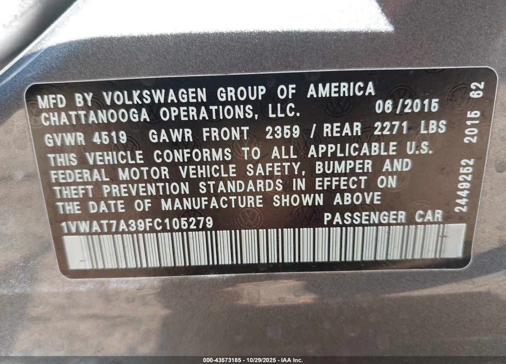 2015 VOLKSWAGEN PASSAT VIN: 1VWAT7A39FC105279