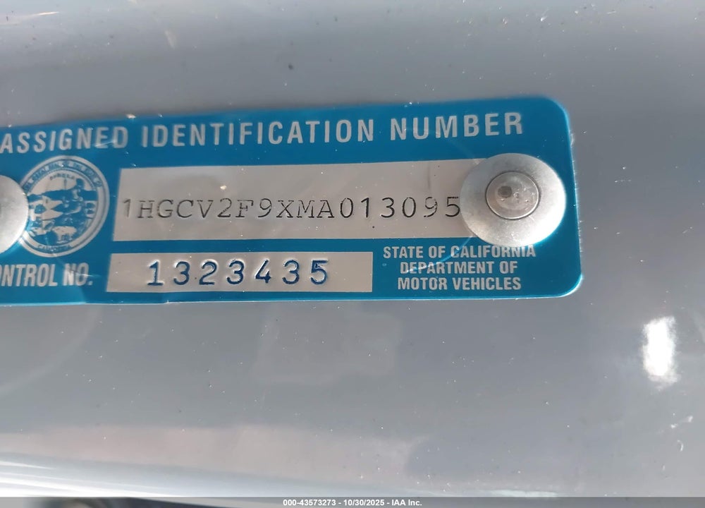 2021 HONDA ACCORD TOURING VIN: 1HGCV2F9XMA013095