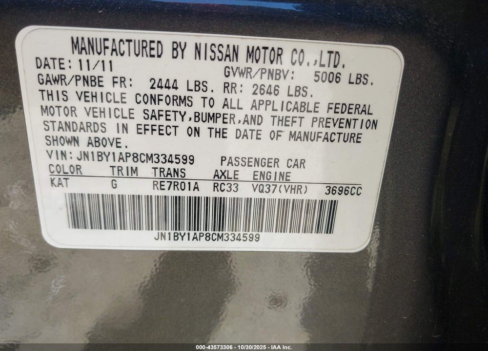 2012 INFINITI M37 VIN: JN1BY1AP8CM334599