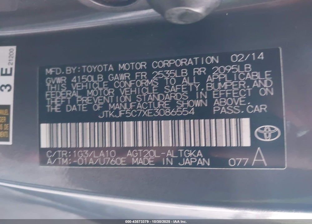 2014 SCION TC MONOGRAM VIN: JTKJF5C7XE3086554
