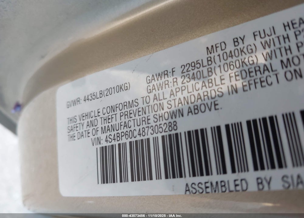 2008 SUBARU OUTBACK VIN: 4S4BP60C487305288