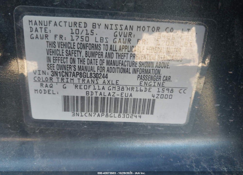 2016 NISSAN VERSA VIN: 3N1CN7AP8GL830244