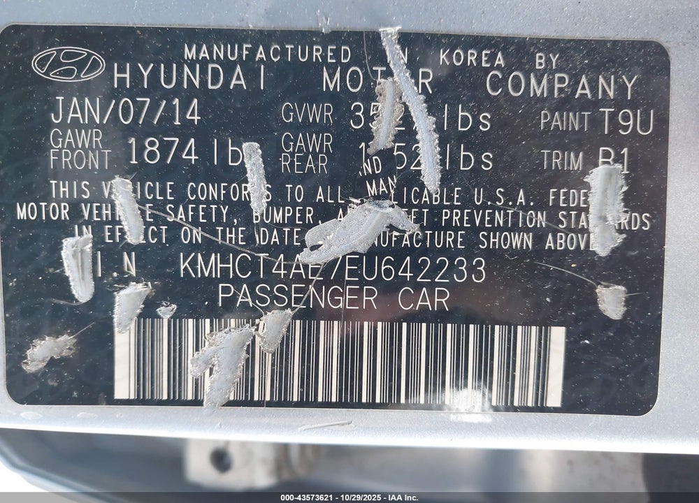 2014 HYUNDAI ACCENT VIN: KMHCT4AE7EU642233