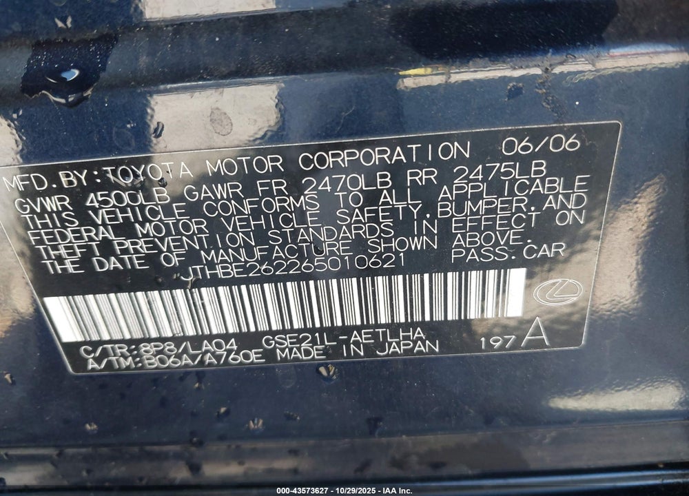 2006 LEXUS IS 350 VIN: JTHBE262265010621
