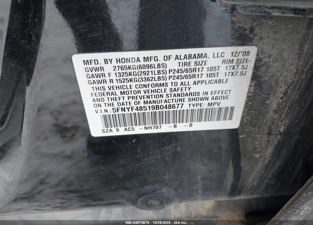 2009 HONDA PILOT EX-L VIN: 5FNYF48519B048677