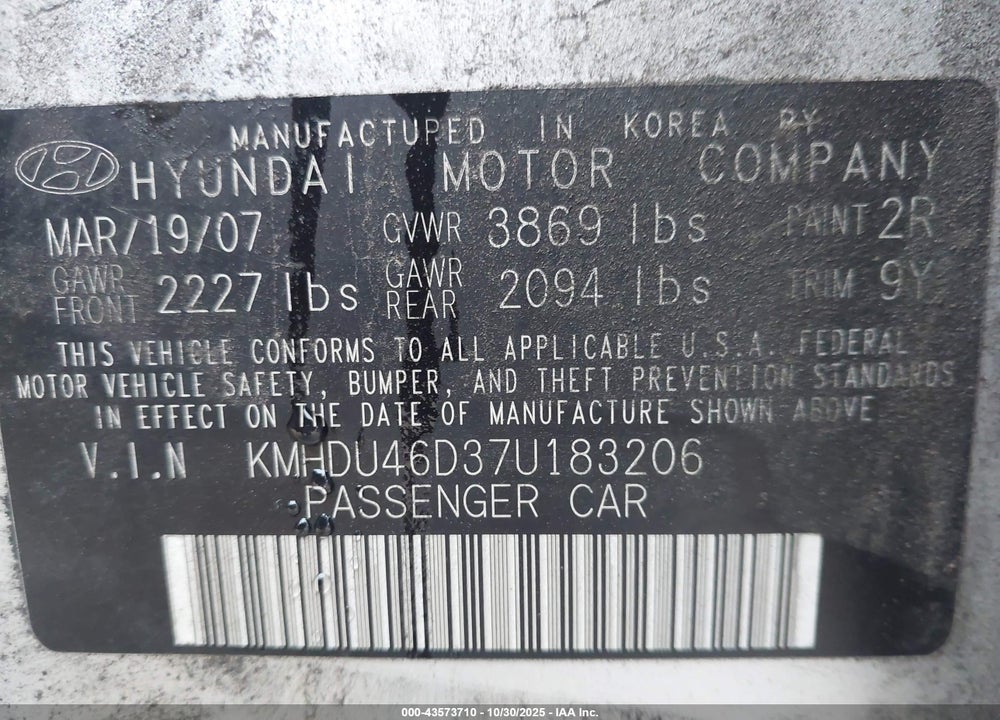 2007 HYUNDAI ELANTRA GLS/LIMITED/SE VIN: KMHDU46D37U183206