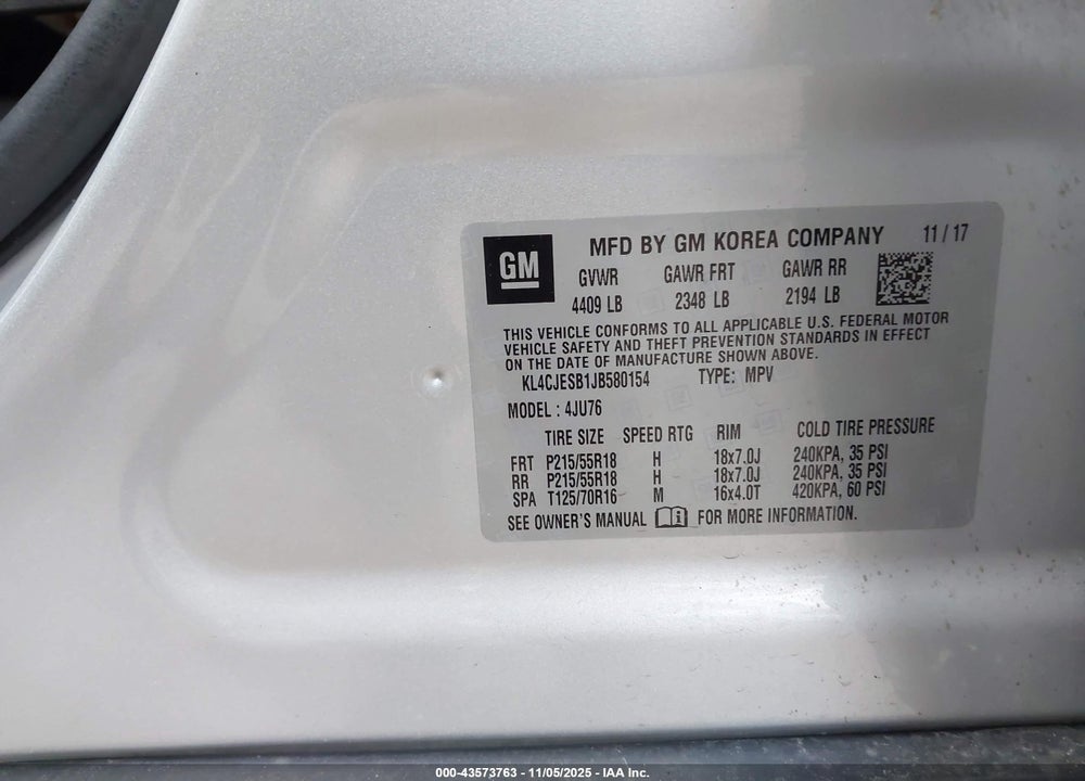 2018 BUICK ENCORE VIN: KL4CJESB1JB580154