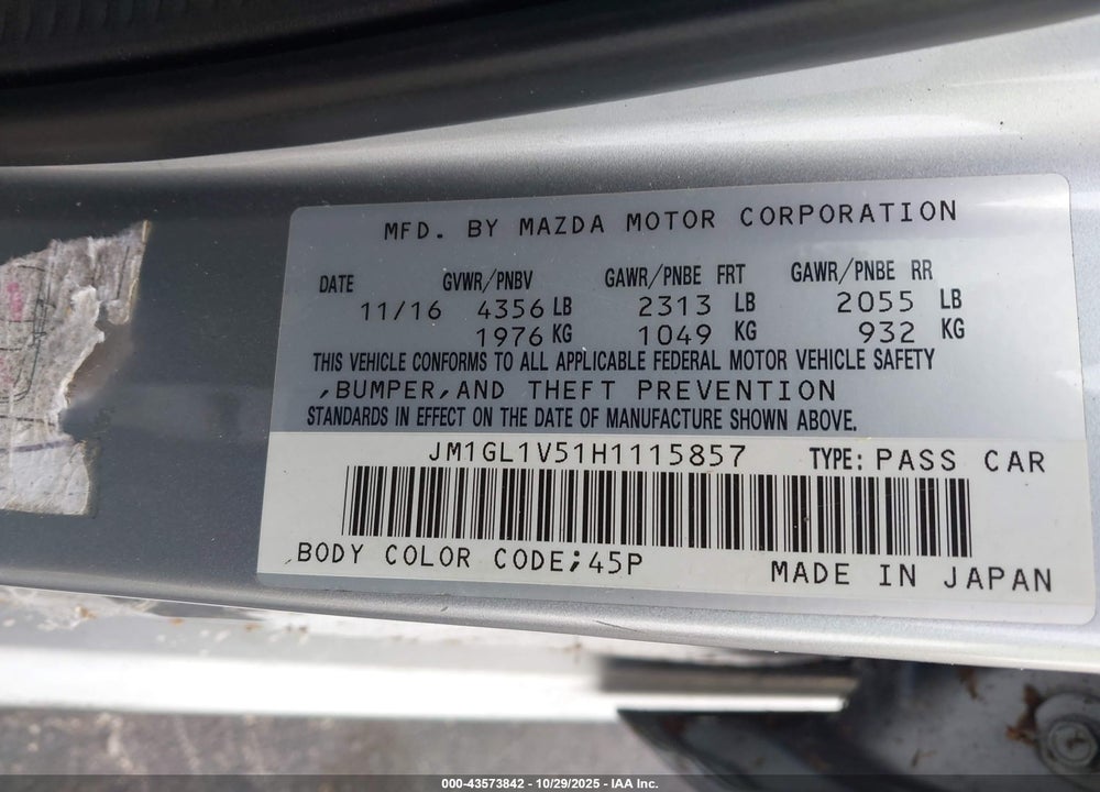 2017 MAZDA 6 TOURING VIN: JM1GL1V51H1115857