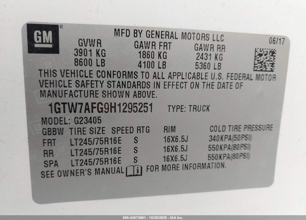 2017 GMC SAVANA 2500 WORK VAN VIN: 1GTW7AFG9H1295251