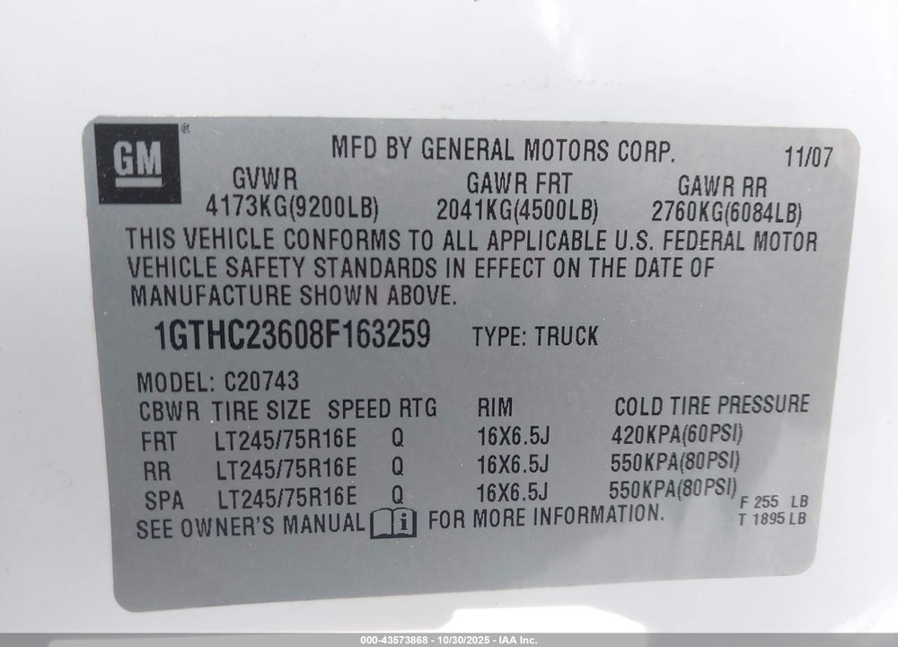 2008 GMC SIERRA VIN: 1GTHC23608F163259