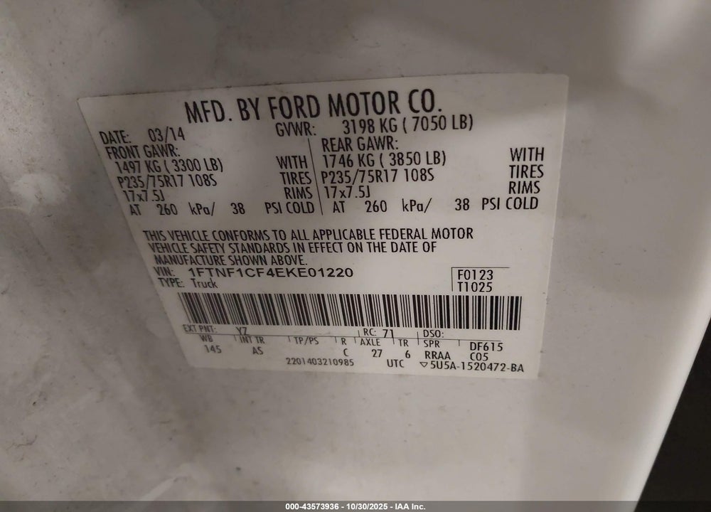 2014 FORD F-150 XL VIN: 1FTNF1CF4EKE01220