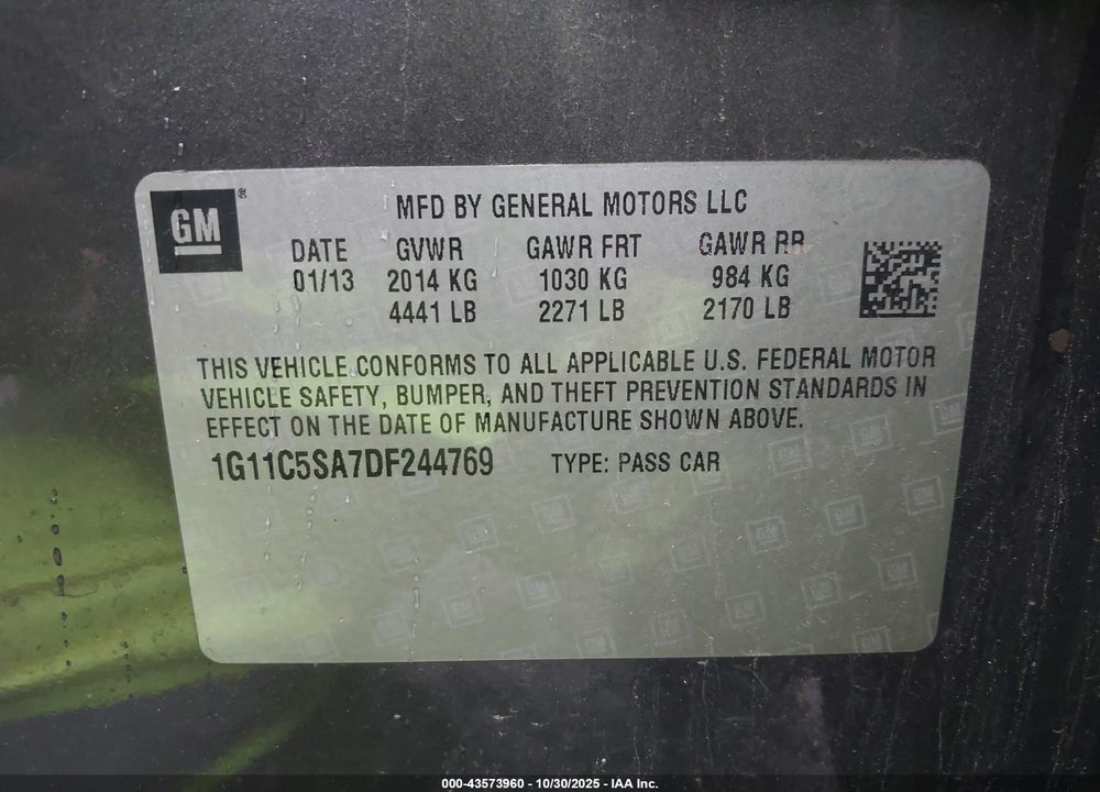2013 CHEVROLET MALIBU 1LT VIN: 1G11C5SA7DF244769