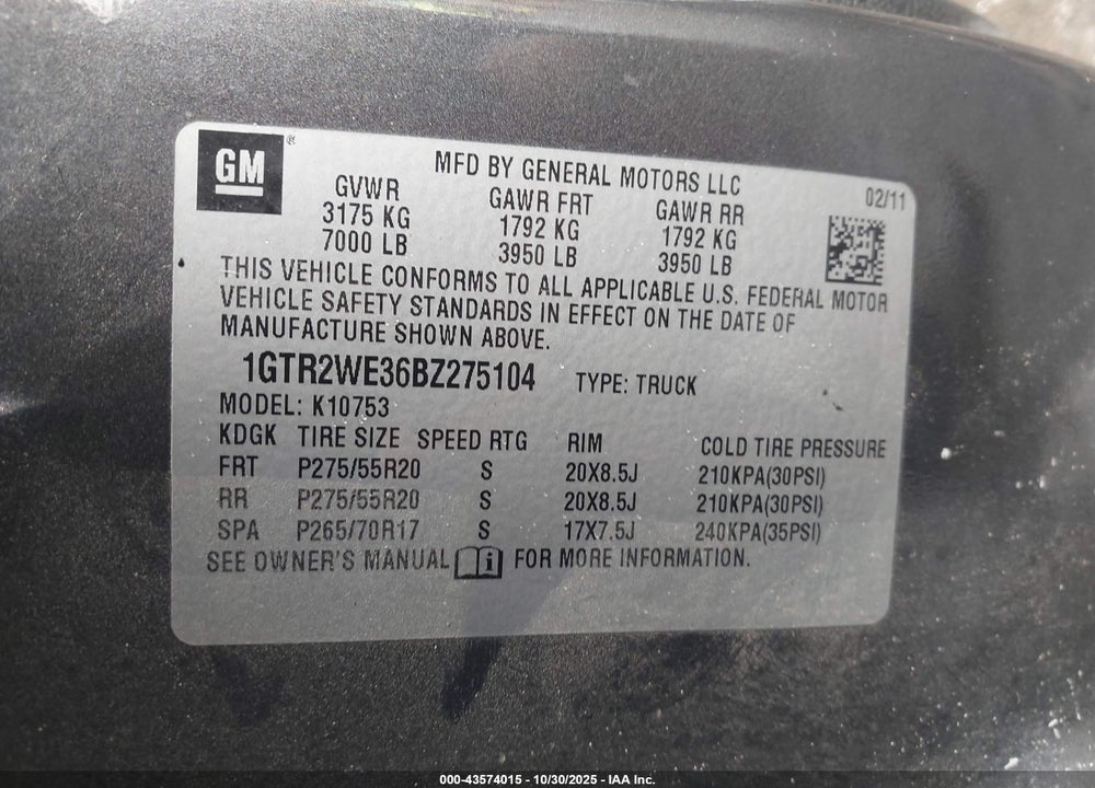 2011 GMC SIERRA 1500 VIN: 1GTR2WE36BZ275104