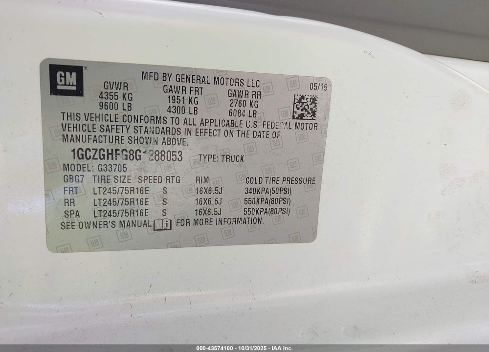 2016 CHEVROLET EXPRESS 3500 WORK VAN VIN: 1GCZGHFG8G1288053
