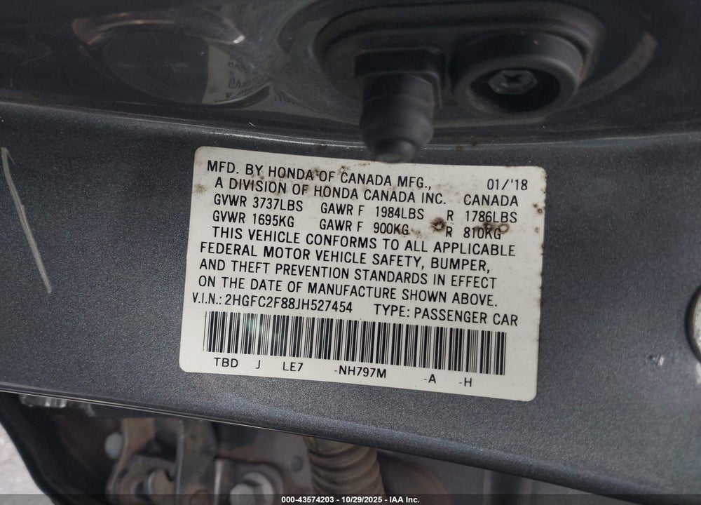 2018 HONDA CIVIC EX VIN: 2HGFC2F88JH527454