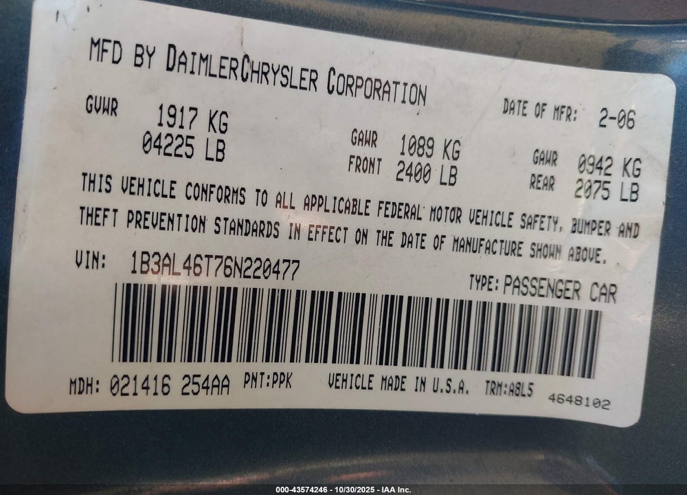 2006 DODGE STRATUS VIN: 1B3AL46T76N220477
