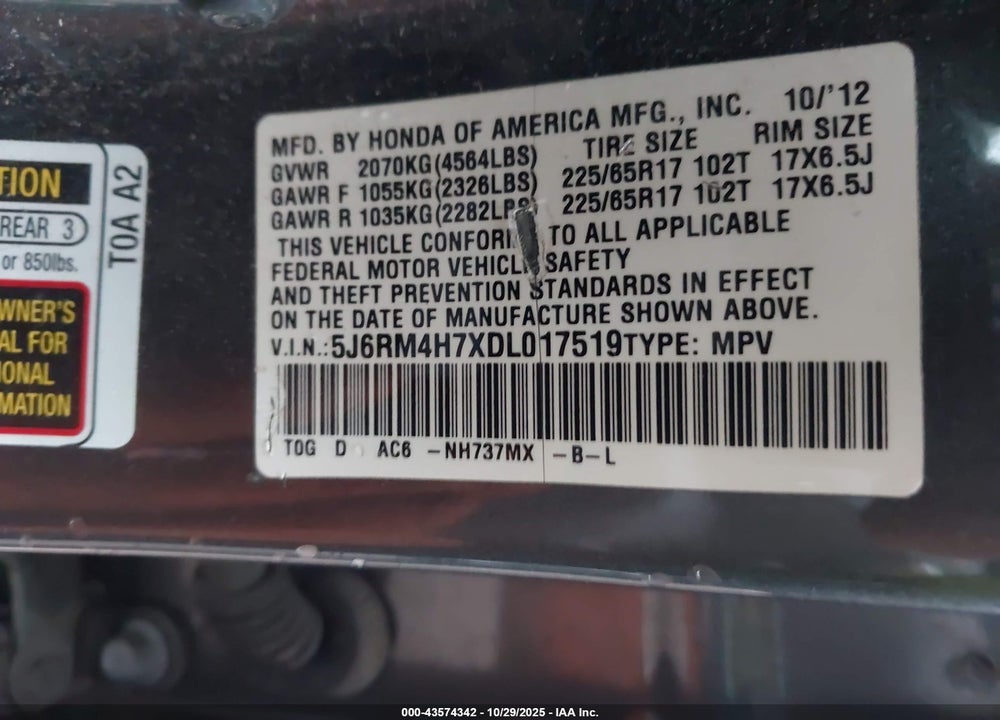 2013 HONDA CR-V VIN: 5J6RM4H7XDL017519