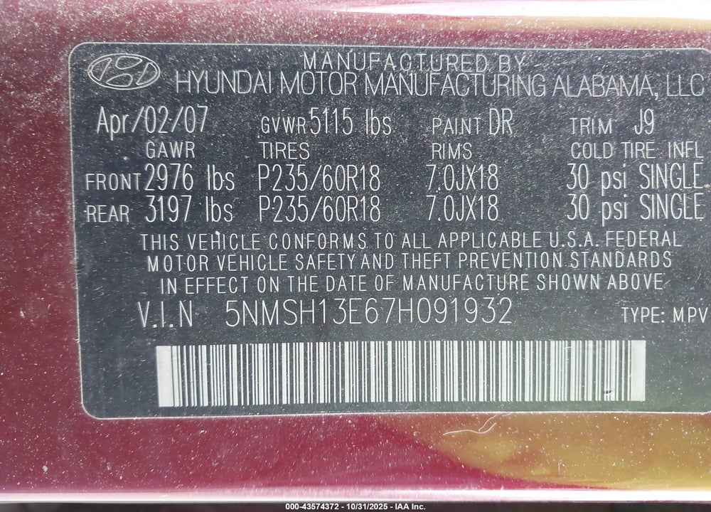 2007 HYUNDAI SANTA FE VIN: 5NMSH13E67H091932