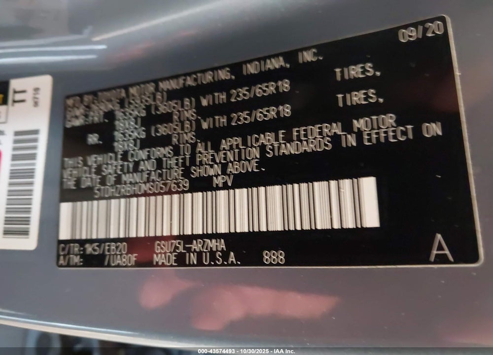 2021 TOYOTA HIGHLANDER VIN: 5TDHZRBH0MS057639