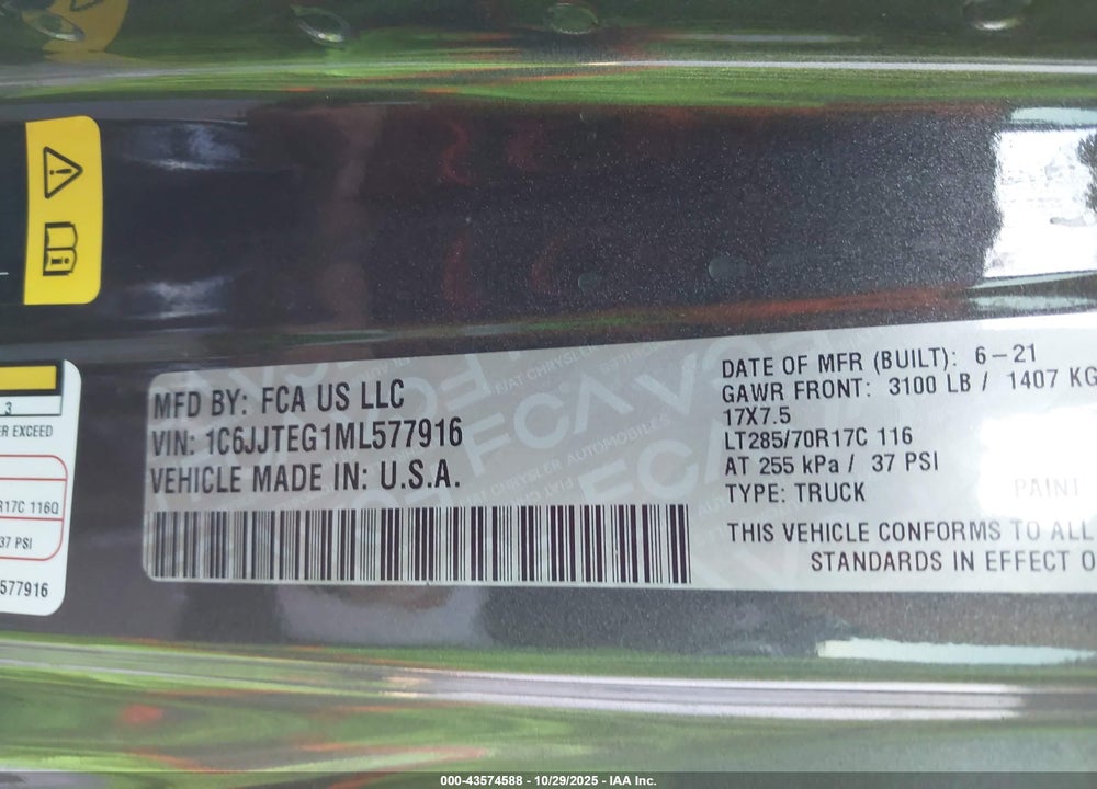 2021 JEEP GLADIATOR MOJAVE 4X4 VIN: 1C6JJTEG1ML577916