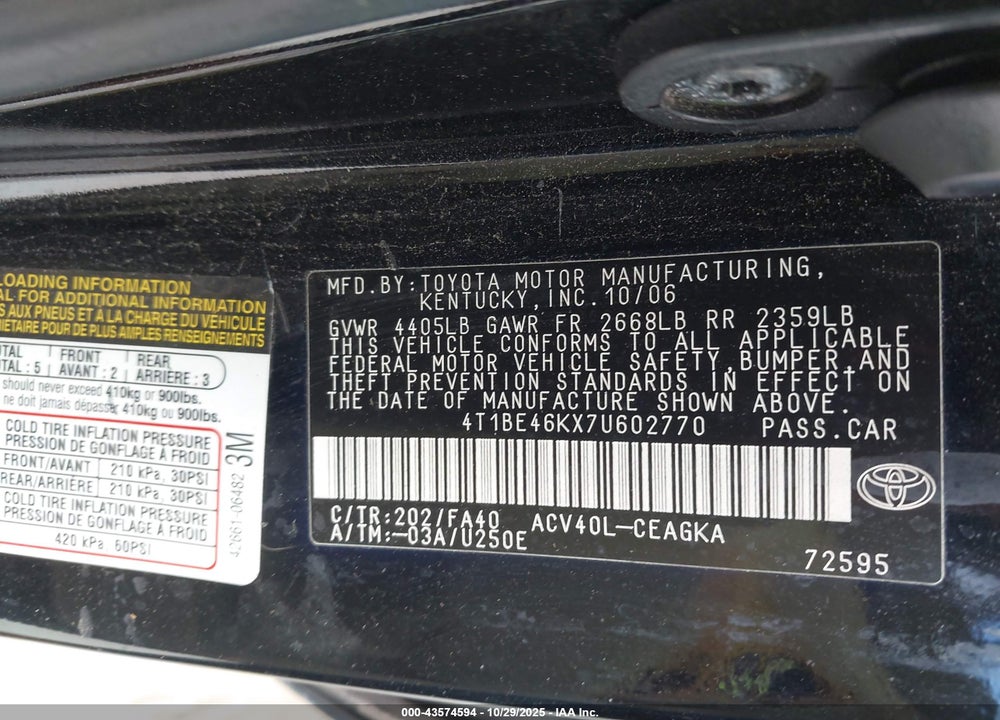 2007 TOYOTA CAMRY XLE VIN: 4T1BE46KX7U602770