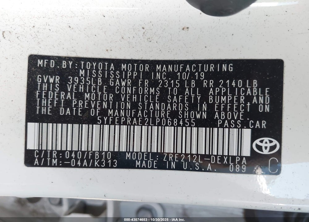 2020 TOYOTA COROLLA LE VIN: 5YFEPRAE2LP068455