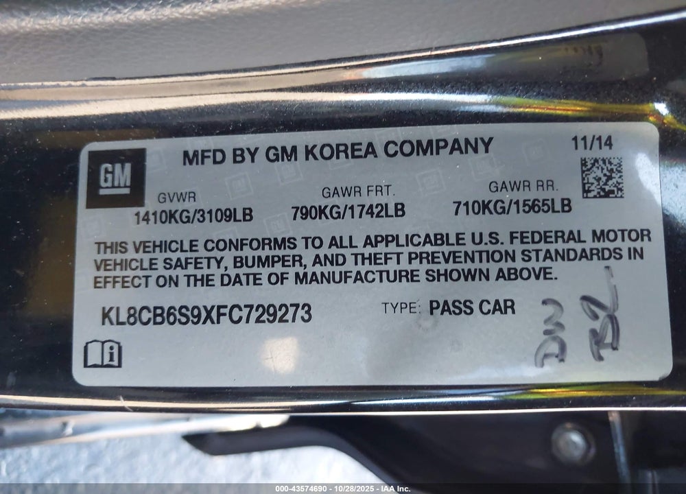 2015 CHEVROLET SPARK LS CVT VIN: KL8CB6S9XFC729273