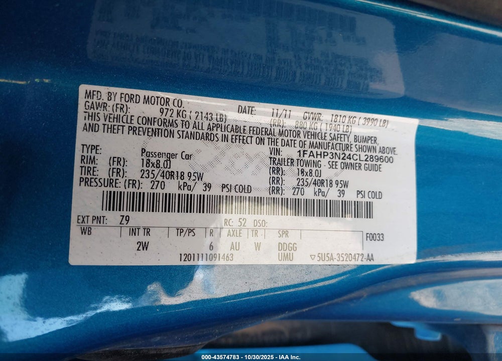 2012 FORD FOCUS VIN: 1FAHP3N24CL289600
