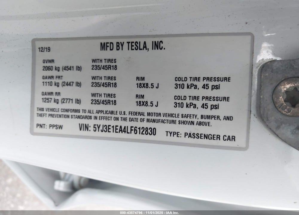 2020 TESLA MODEL 3 STANDARD RANGE PLUS REAR-WHEEL DRIVE/STANDARD RANGE REAR-WHEEL DRIVE VIN: 5YJ3E1EA4LF612830