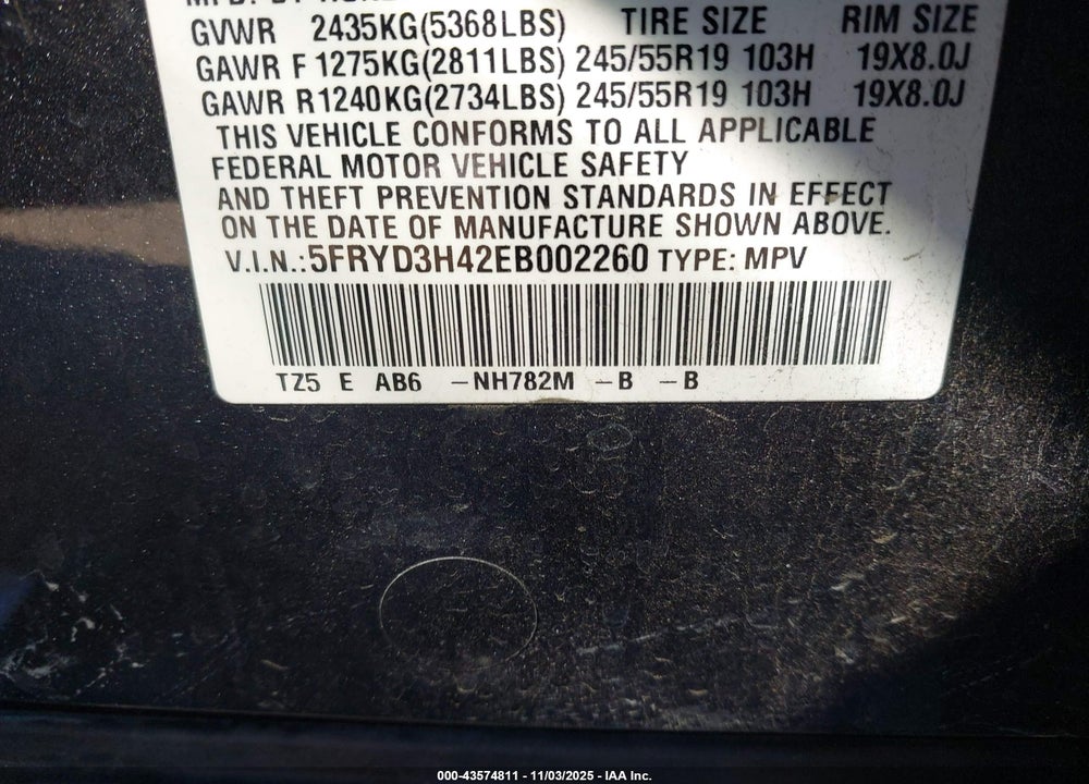 2014 ACURA MDX TECH PKG VIN: 5FRYD3H42EB002260