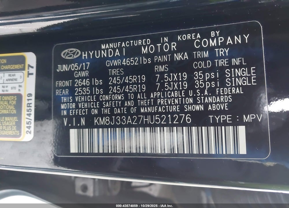 2017 HYUNDAI TUCSON VIN: KM8J33A27HU521276