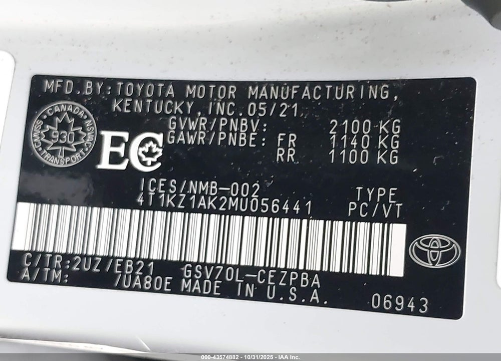 2021 TOYOTA CAMRY XSE V6 VIN: 4T1KZ1AK2MU056441