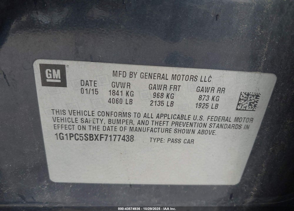 2015 CHEVROLET CRUZE 1LT AUTO VIN: 1G1PC5SBXF7177438