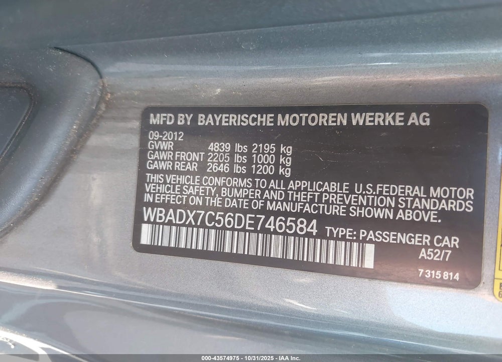 2013 BMW 335I VIN: WBADX7C56DE746584