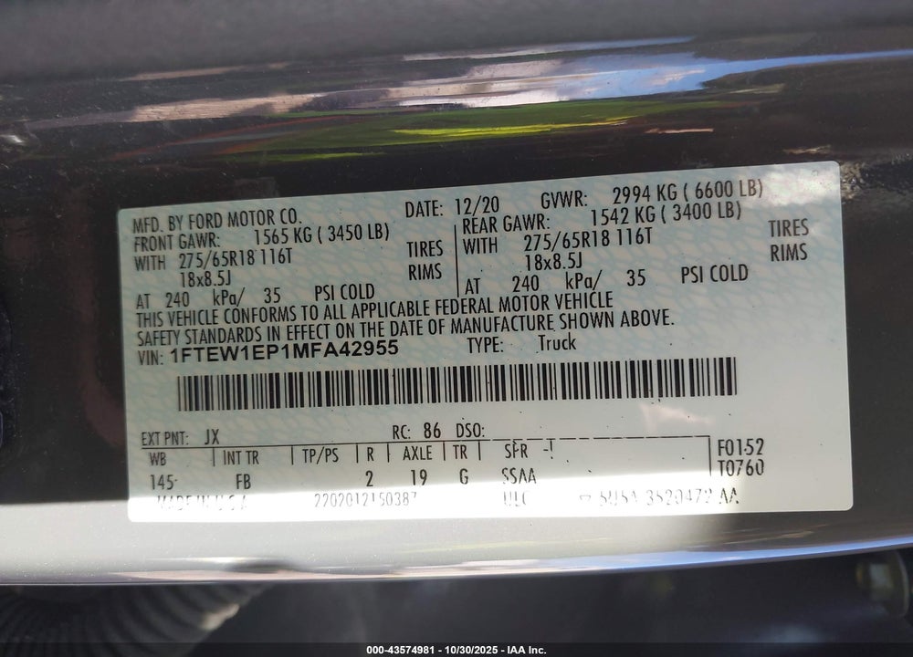 2021 FORD F-150 XLT VIN: 1FTEW1EP1MFA42955