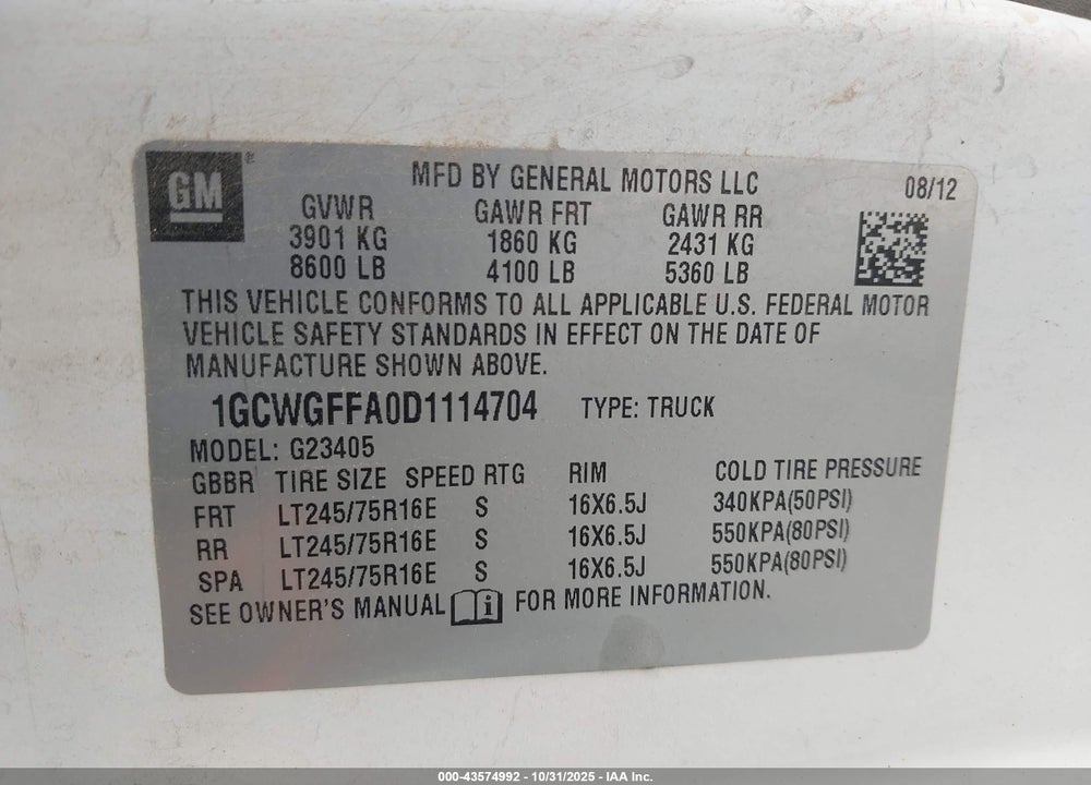 2013 CHEVROLET EXPRESS 2500 WORK VAN VIN: 1GCWGFFA0D1114704