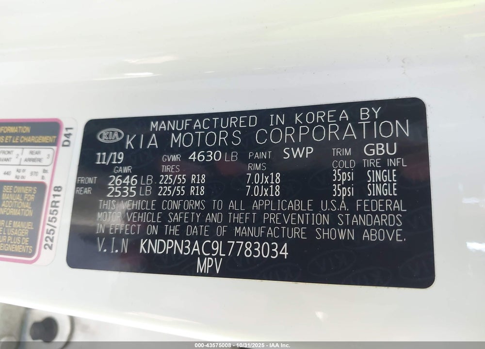 2020 KIA SPORTAGE VIN: KNDPN3AC9L7783034