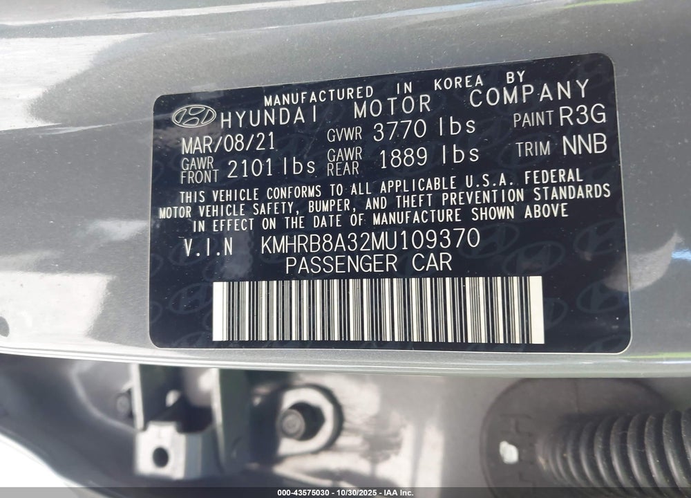 2021 HYUNDAI VENUE SE VIN: KMHRB8A32MU109370