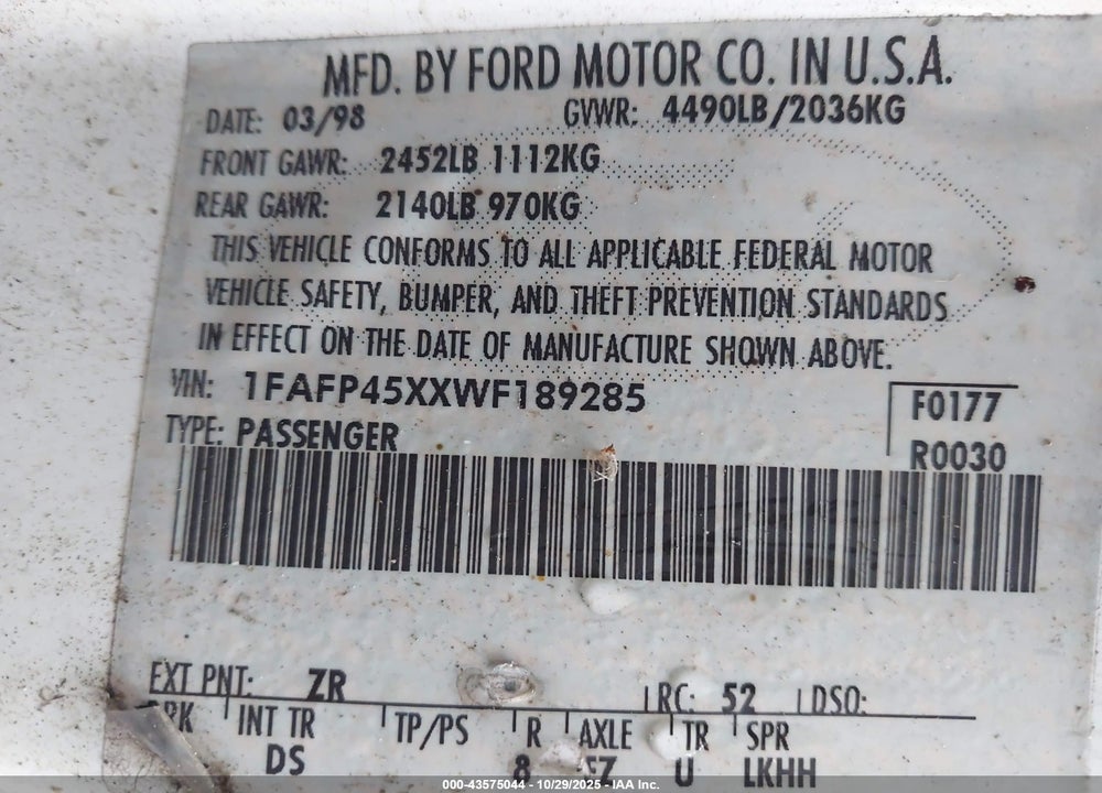 1998 FORD MUSTANG GT VIN: 1FAFP45XXWF189285
