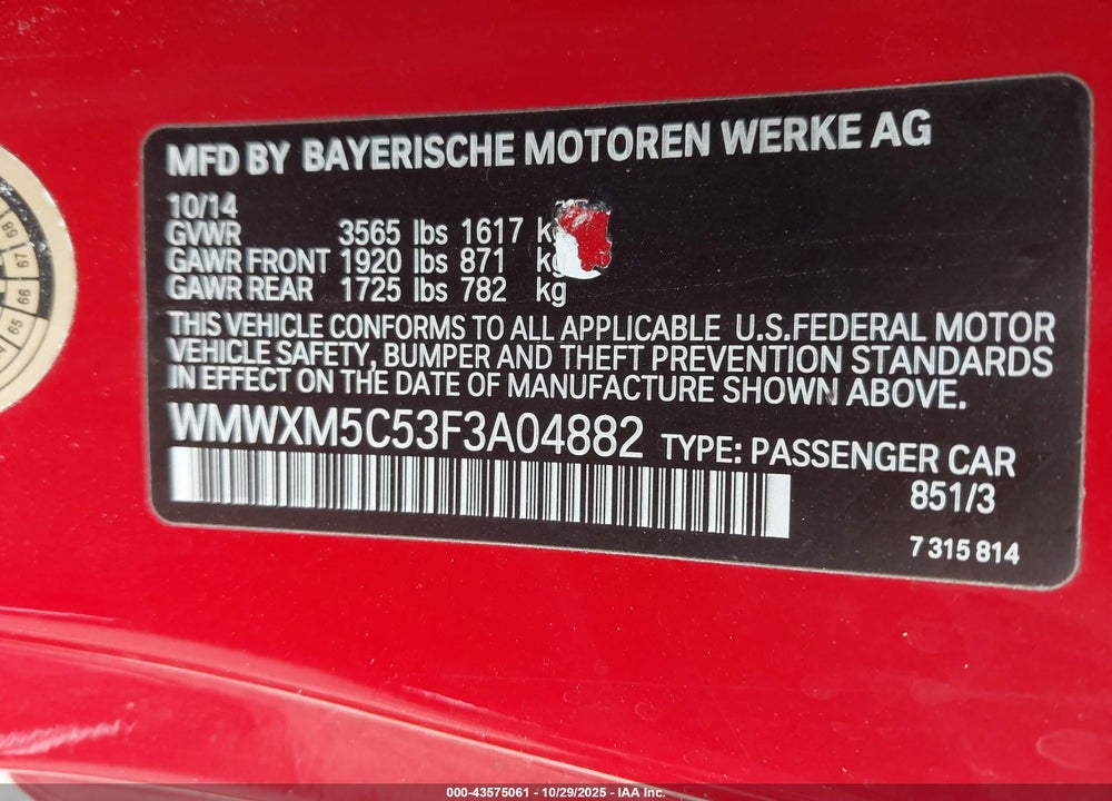 2015 MINI HARDTOP COOPER VIN: WMWXM5C53F3A04882
