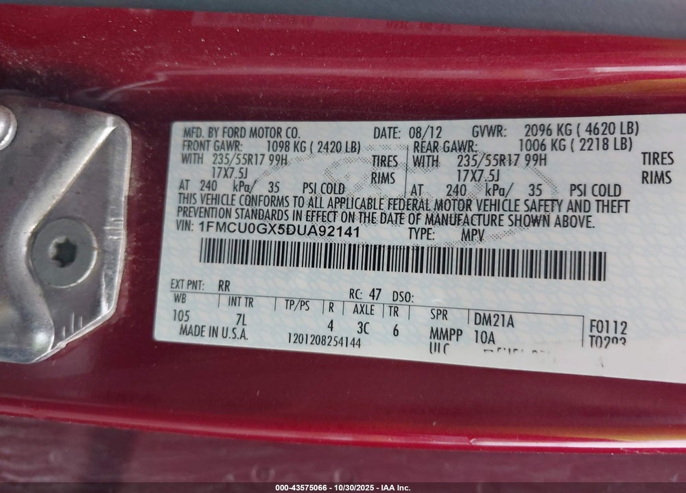 2013 FORD ESCAPE SE VIN: 1FMCU0GX5DUA92141