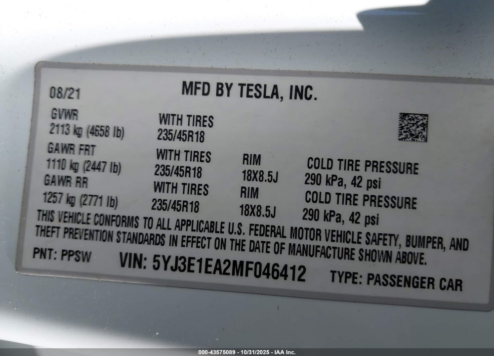 2021 TESLA MODEL 3 STANDARD RANGE PLUS REAR-WHEEL DRIVE VIN: 5YJ3E1EA2MF046412
