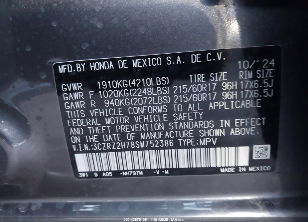 2025 HONDA HR-V VIN: 3CZRZ2H78SM752386