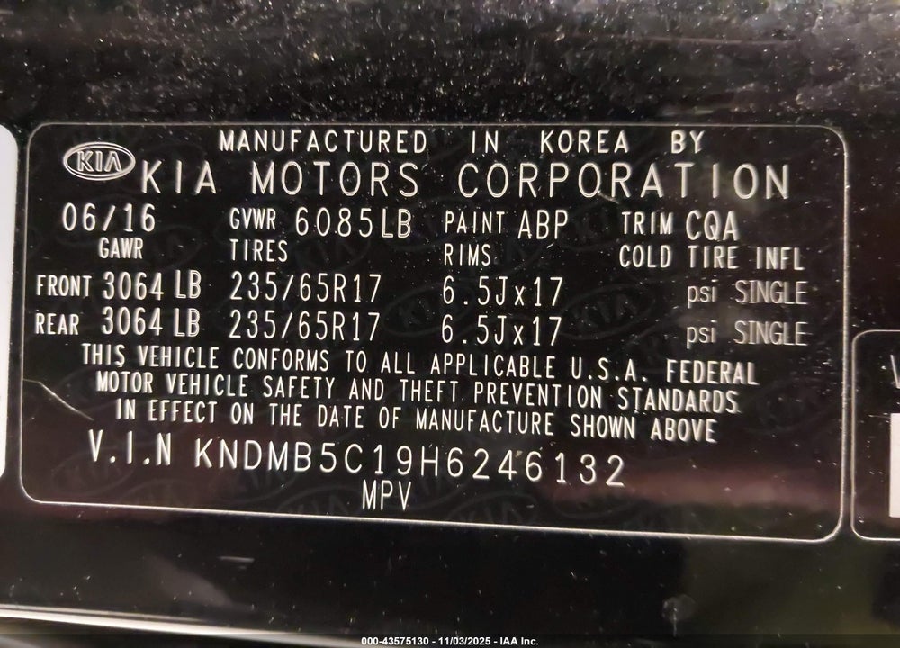 2017 KIA SEDONA LX VIN: KNDMB5C19H6246132