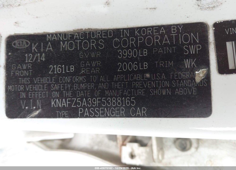 2015 KIA FORTE SX VIN: KNAFZ5A39F5388165