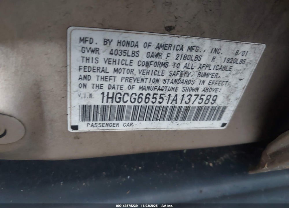 2001 HONDA ACCORD VIN: 1HGCG66551A137589