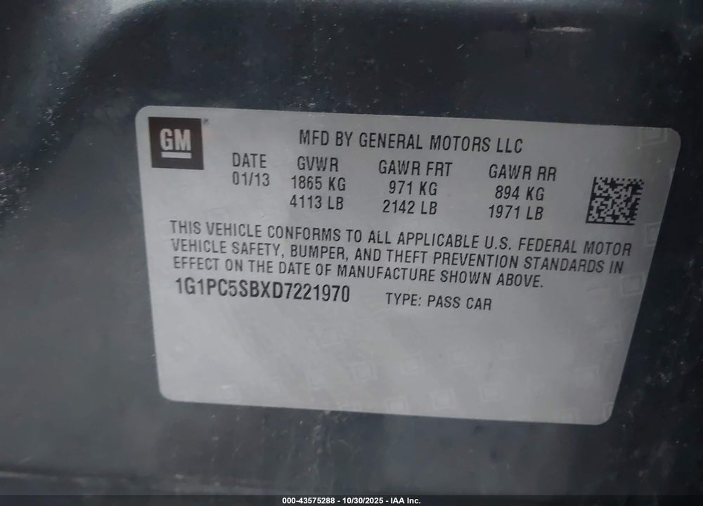 2013 CHEVROLET CRUZE VIN: 1G1PC5SBXD7221970